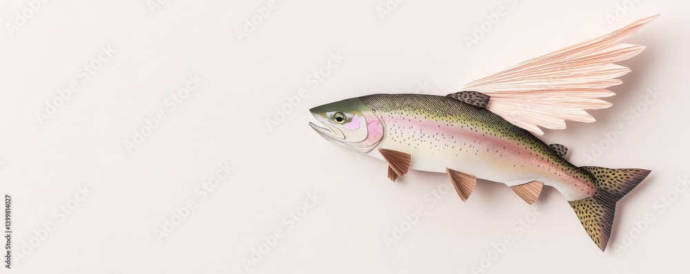 a rainbow trout with paper wings, imaginative flight theme, pastel collage style, isolated on white background a rainbow trout with paper wings, imaginative flight theme, pastel collage style, isolated on white background