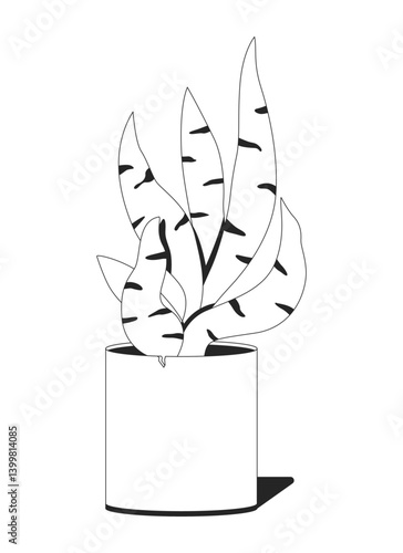 Leafy snake plant in ceramic pot 2D line object. Dracaena trifasciata houseplant potted. Cozy flowerpot. Household succulent isolated clipart vector ink outline item. Monochrome spot illustration