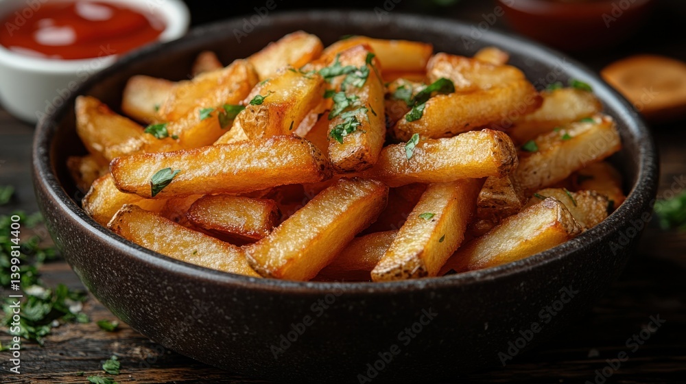 Crispy French Fries with Herbs in Bowl on Rustic Table Crispy French Fries with Herbs in Bowl on Rustic Table
