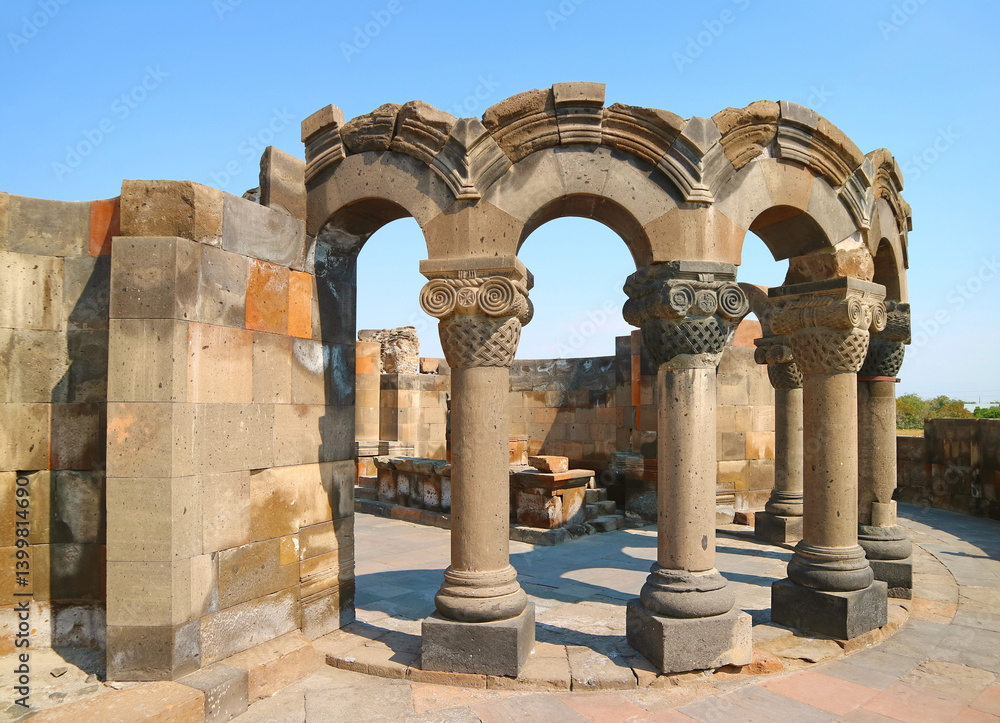 Fototapeta premium Ruins of Zvartnots Cathedral or the Celestial Angels Cathedral Dedicated to Saint Gregory, UNESCO World Heritage Site in Vagharshapat City of Armenia