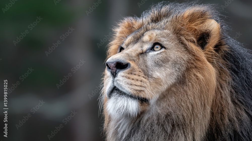 Obraz premium A majestic lion gazes thoughtfully into the distance, its regal mane catching soft light, embodying strength and serenity in the wild.
