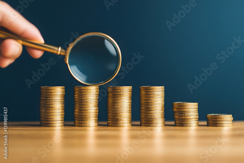 拡大鏡で見る金貨の積み上げ。資産運用や投資の成長を表現した金融コンセプト