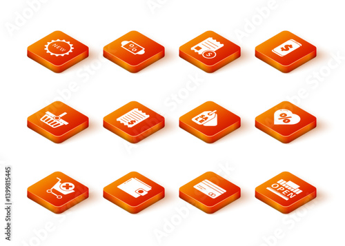 Set Remove shopping cart, Wallet, Shopping basket, Paper check and financial check, Credit card, Price tag with Sale, building open and Discount percent heart icon. Vector