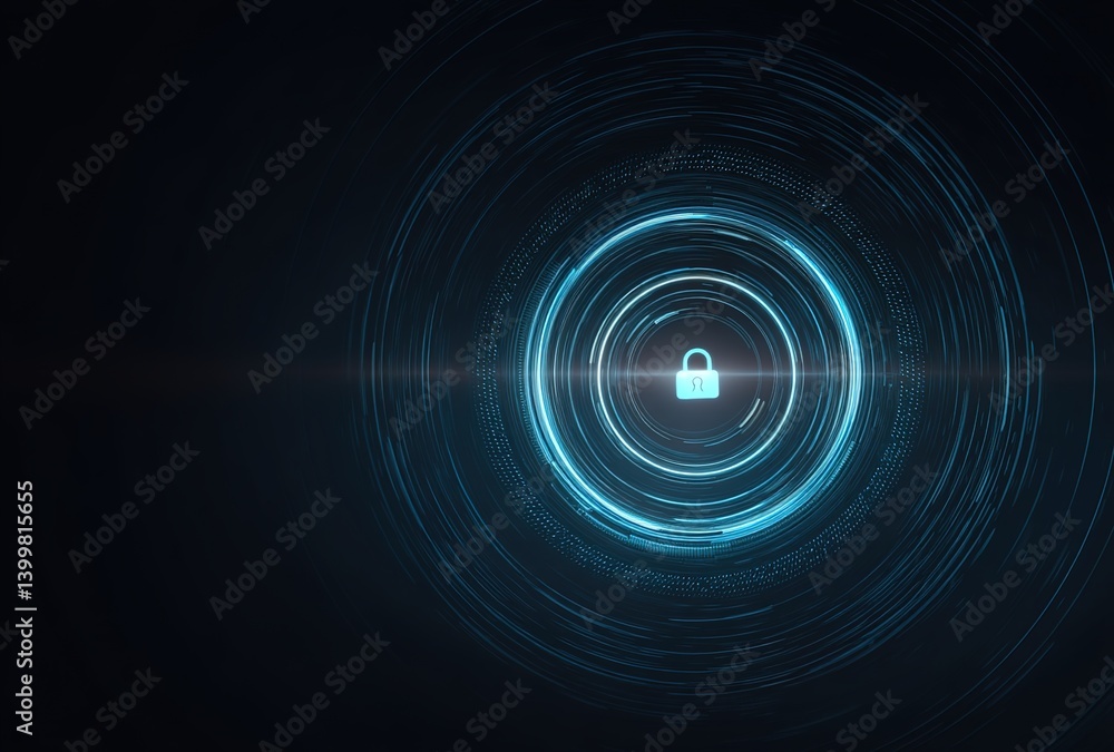 A glowing blue padlock centered within a luminous circular frame against a dark gradient background, cyberpunk-inspired digital art with metallic textures and neon accents A glowing blue padlock centered within a luminous circular frame against a dark gradient background, cyberpunk-inspired digital art with metallic textures and neon accents