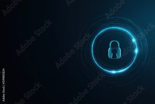 A glowing blue padlock centered within a luminous circular frame against a dark gradient background, cyberpunk-inspired digital art with metallic textures and neon accents