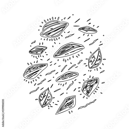 Almonds falling monochrome ink style isolated
