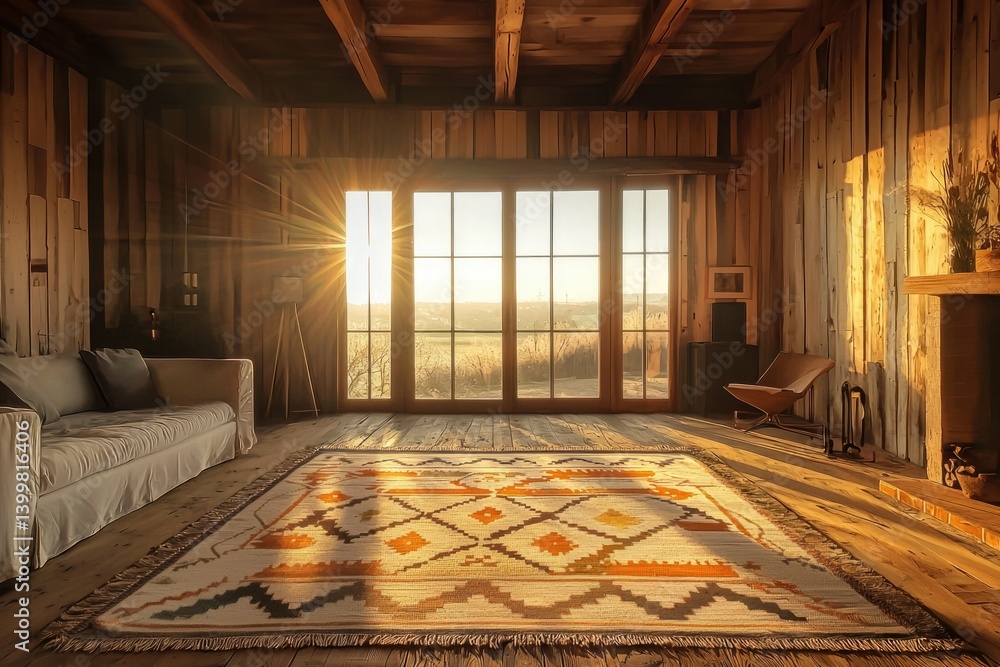 Fototapeta premium Rustic wooden cabin interior with large windows, sunlight streaming in, illuminating a patterned rug and comfortable furniture.