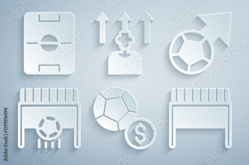Set Soccer football ball, Football goal with, or soccer player and field icon. Vector