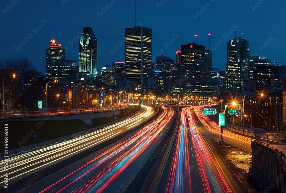 Fototapeta premium Wide-angle dusk cityscape with light trails from vehicles on a highway in the foreground, illuminated skyscrapers under a gradient sunset sky blending orange and indigo hues