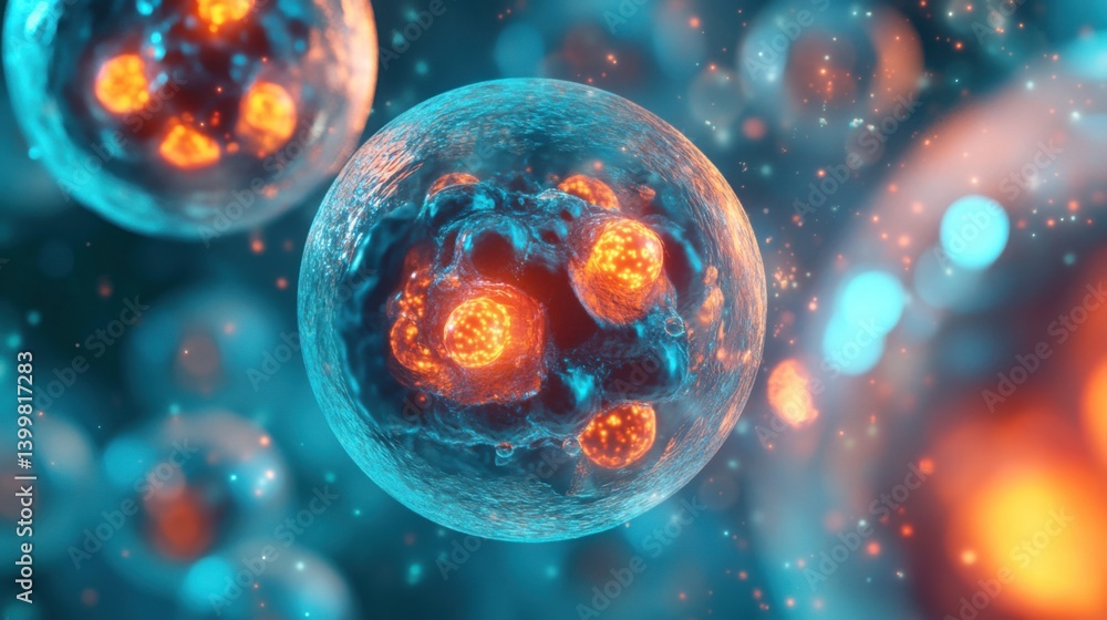 a hyper-realistic microscopic view of cells dividing, with glowing chromosomes a hyper-realistic microscopic view of cells dividing, with glowing chromosomes