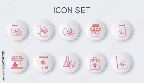 Set line Shopping bag of marijuana, Marijuana and cannabis store, leaf oil, Medical bottle with, Cup tea, seeds and Test tube icon. Vector