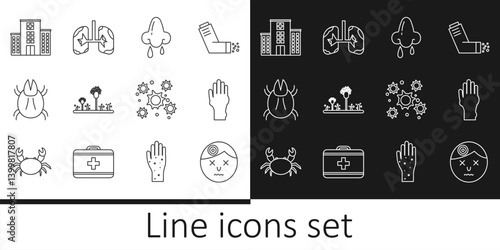 Set line Man having headache, Hand with psoriasis or eczema, Runny nose, Mold, Parasite mite, Medical hospital building, Bacteria and Lungs icon. Vector