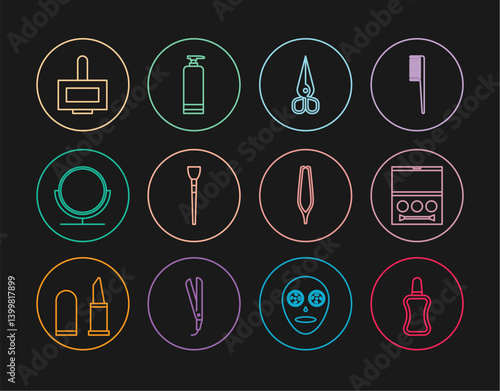 Set line Nail polish bottle, Eye shadow palette, Scissors, Makeup brush, Round makeup mirror, Eyebrow tweezers and Cream cosmetic tube icon. Vector