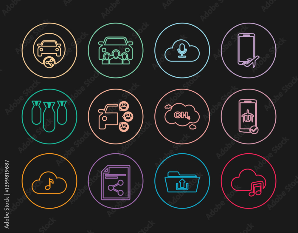 Set line Music streaming service, Flight mode the mobile, Car sharing, Aviation bombs, Methane emissions reduction and icon. Vector Set line Music streaming service, Flight mode the mobile, Car sharing, Aviation bombs, Methane emissions reduction and icon. Vector