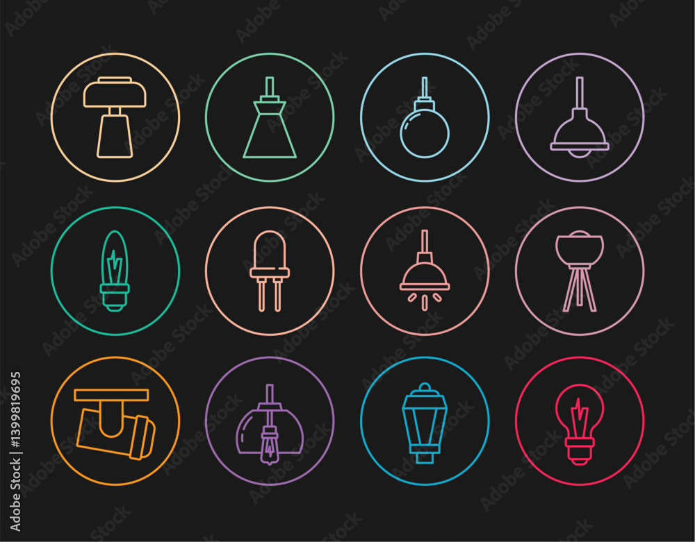 Set line Light bulb, Floor lamp, Lamp hanging, emitting diode, Table, Chandelier and icon. Vector Set line Light bulb, Floor lamp, Lamp hanging, emitting diode, Table, Chandelier and icon. Vector
