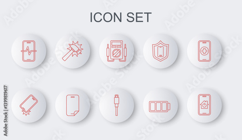 Set line Mobile with smart home, Shockproof phone, Multimeter, Battery, Phone repair service, Hammer, Glass screen protector and USB cable cord icon. Vector