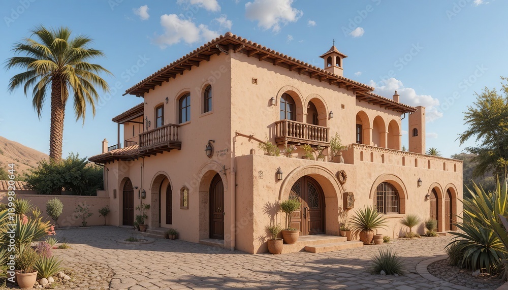Obraz premium Elegant estate with warm stucco exterior, arched doorways, tiled roof, and lush landscaping evokes a sense of timeless Mediterranean charm.