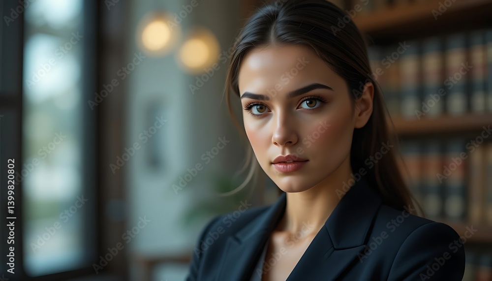 Confident Woman in Blazer Looking at Camera in Office Environment Confident Woman in Blazer Looking at Camera in Office Environment
