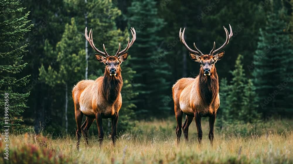 Two elk stand in a forest clearing Two elk stand in a forest clearing