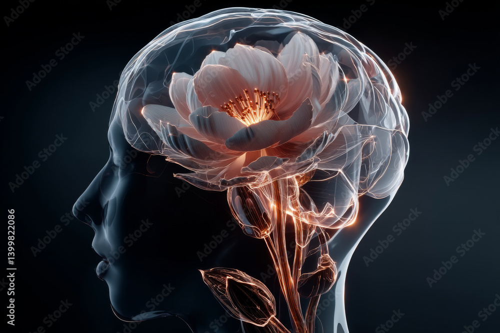 Silhouette of human head with brain made of luminous flowers inside. Concept of mindfulness, mental health and creativity