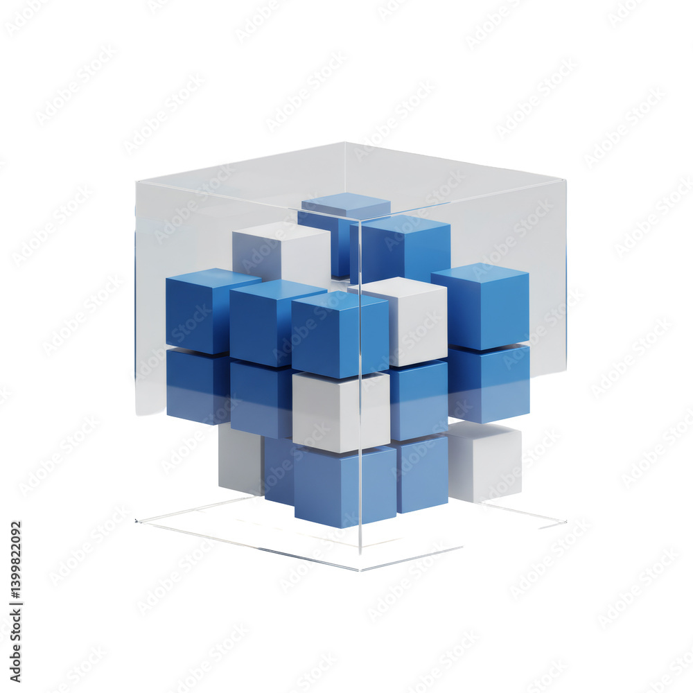 Blue and White Cubes in Transparent Glass Structure Blue and White Cubes in Transparent Glass Structure
