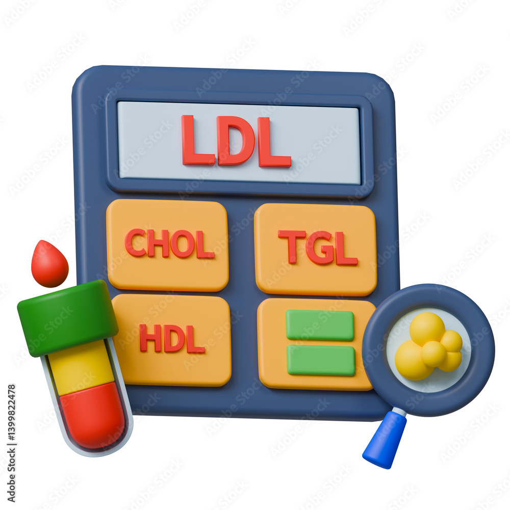 Fototapeta premium Calculated LDL cholesterol concept using Friedewald Equation with calculator showing button labelled cholesterol, triglyceride and HDL. Surrounded by test tube, fat particles on magnifying glass.
