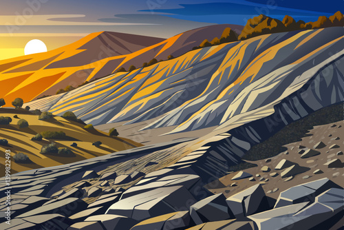 Dry rugged hillside covered in scattered shale and slate, The ground is gray and brown, with sharp edges catching sunlight and casting long saturated shadows