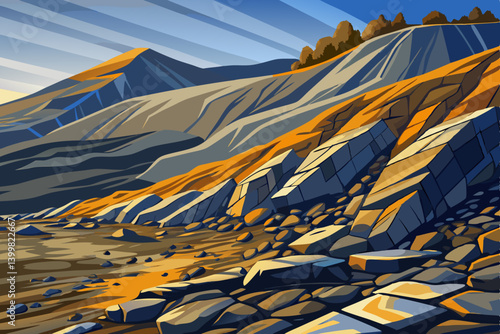 Dry rugged hillside covered in scattered shale and slate, The ground is gray and brown, with sharp edges catching sunlight and casting long saturated shadows