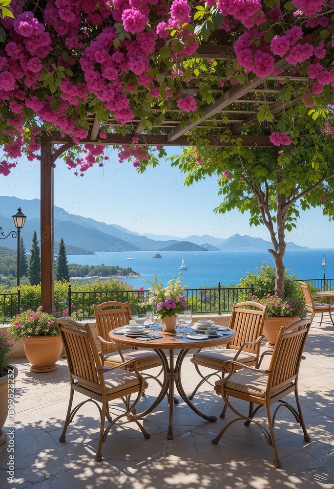 Obraz premium Scenic outdoor dining area overlooking the ocean, shaded by blooming flowers. A tranquil setting for a perfect meal.