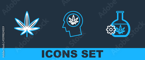 Set line Test tube with marijuana, Marijuana or cannabis leaf and Head in profile icon. Vector