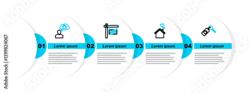Set line House with key, heart shape, Hanging sign Sold and Man dreaming about buying house icon. Vector