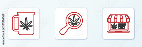 Set line Online buying marijuana, Cup tea with and Magnifying glass and icon. Vector
