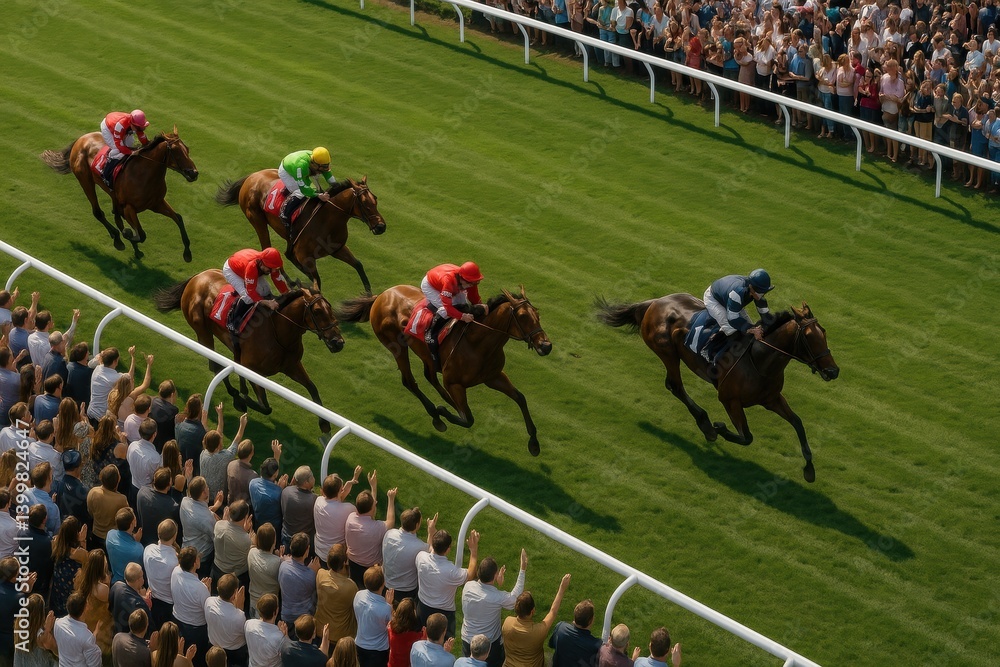 Five jockeys racing fast across bright green turf, passionate crowd cheering from stands. Intense competition. Kentucky Derby, horse race, competition event, sport