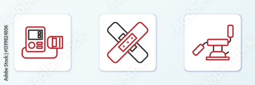 Set line Medical dental chair, Blood pressure and Crossed bandage plaster icon. Vector