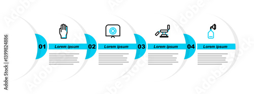 Set line Medical oxygen mask, dental chair, Nurse hat with cross and rubber gloves icon. Vector
