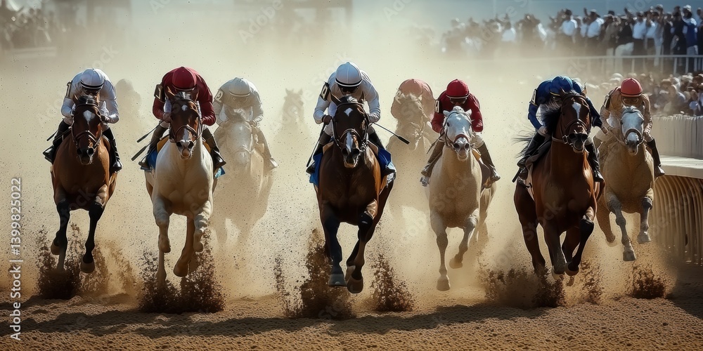 Fast-paced horse race with wide-angle view of numerous horses and jockeys charging forward on dusty dirt track. Kentucky Derby, horse race, competition event, sport