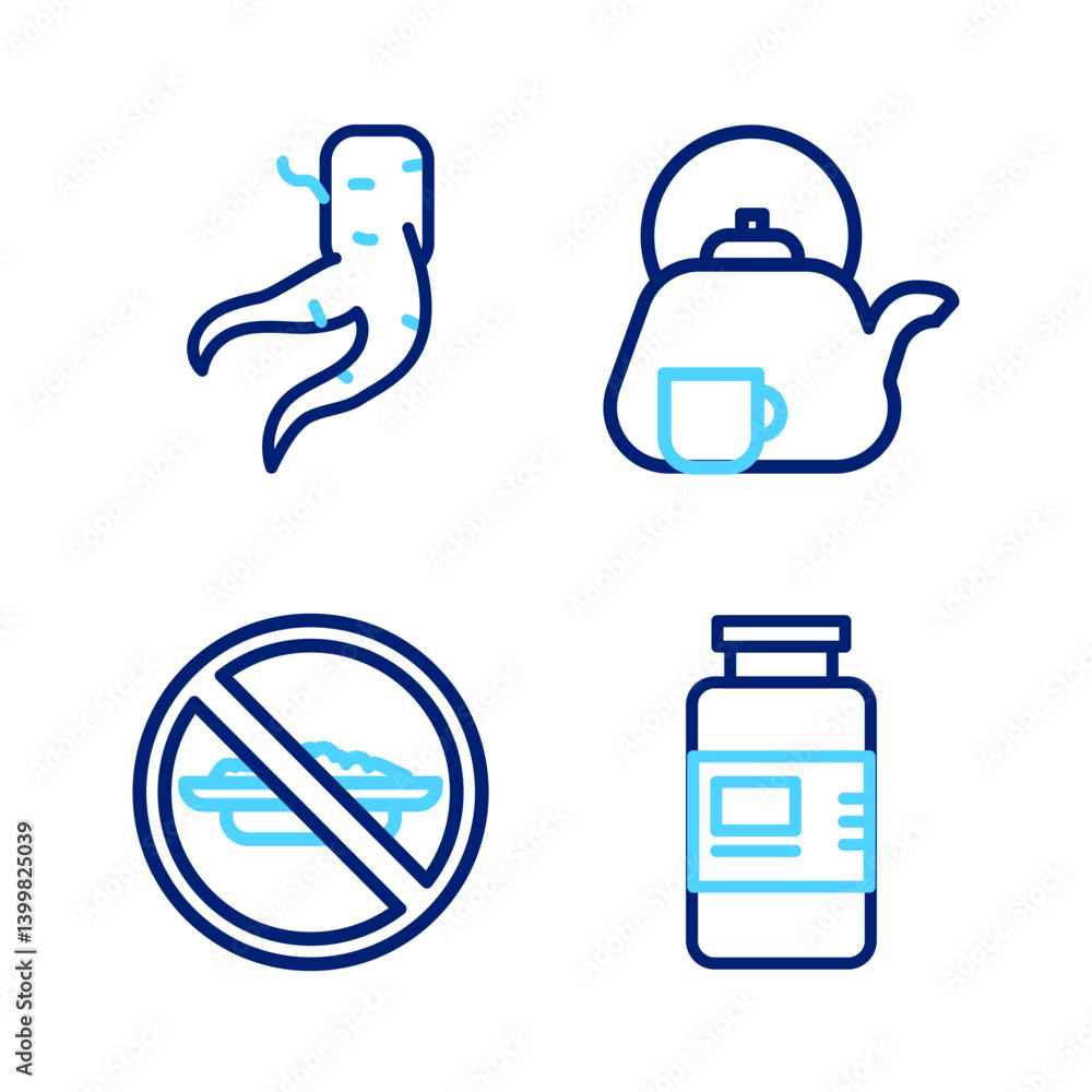 Set line Collagen serum, Food no diet, Teapot with cup and Ginger root icon. Vector Set line Collagen serum, Food no diet, Teapot with cup and Ginger root icon. Vector