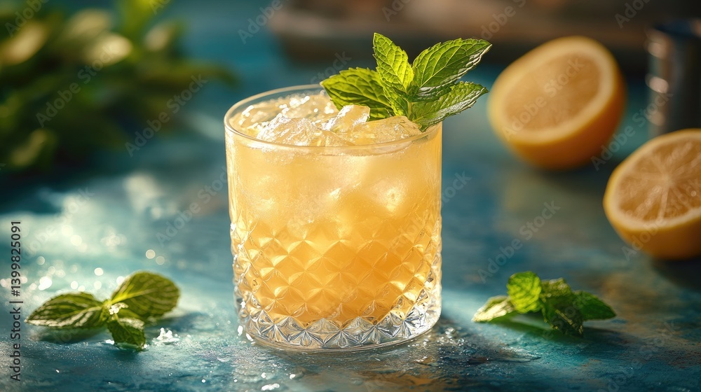 Fototapeta premium Refreshing iced cocktail garnished with mint and lemon