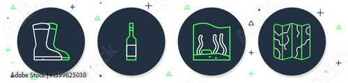 Set line Bottle of vodka, Aquarium, Fishing boots and Folded map icon. Vector
