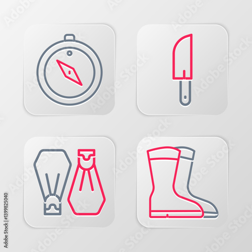 Set line Fishing boots, Rubber flippers for swimming, Knife and Compass icon. Vector