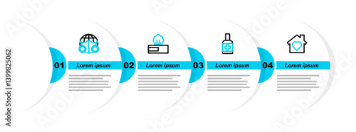 Set line House with heart inside, Liquid antibacterial soap, Wet wipe pack and Earth medical mask icon. Vector