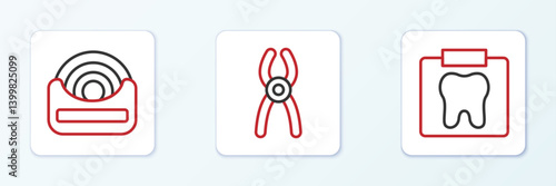 Set line X-ray of tooth, Dental floss and pliers icon. Vector