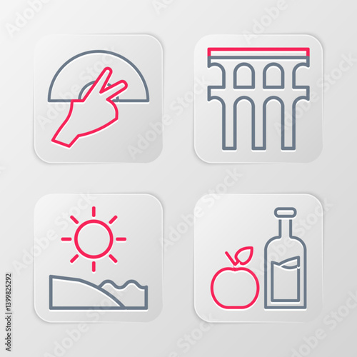 Set line Apple cider bottle, Beach, Aqueduct of Segovia and Fan flamenco icon. Vector
