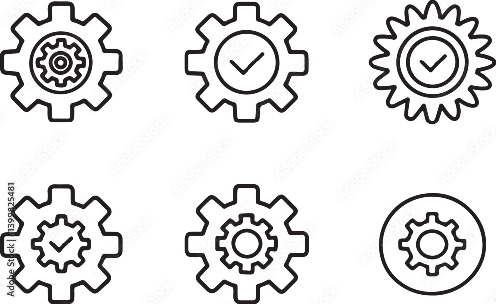 Set of 6 outline icons related to gears. Linear icon collection. Editable stroke line art. Vector illustration. Set of 6 outline icons related to gears. Linear icon collection. Editable stroke line art. Vector illustration.