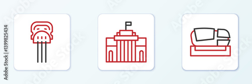 Set line Stadium Mestalla, Peineta and Prado museum icon. Vector