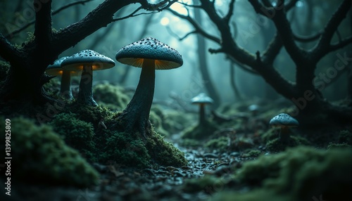 Gnarled blackthorn branches, silver moss, glowing fungi, mist-covered forest floor, dark and tranquil scene.