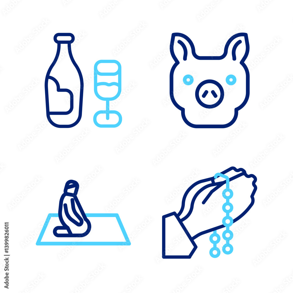 Set line Hands in praying position, Muslim man prays, Pig and Wine bottle with glass icon. Vector Set line Hands in praying position, Muslim man prays, Pig and Wine bottle with glass icon. Vector