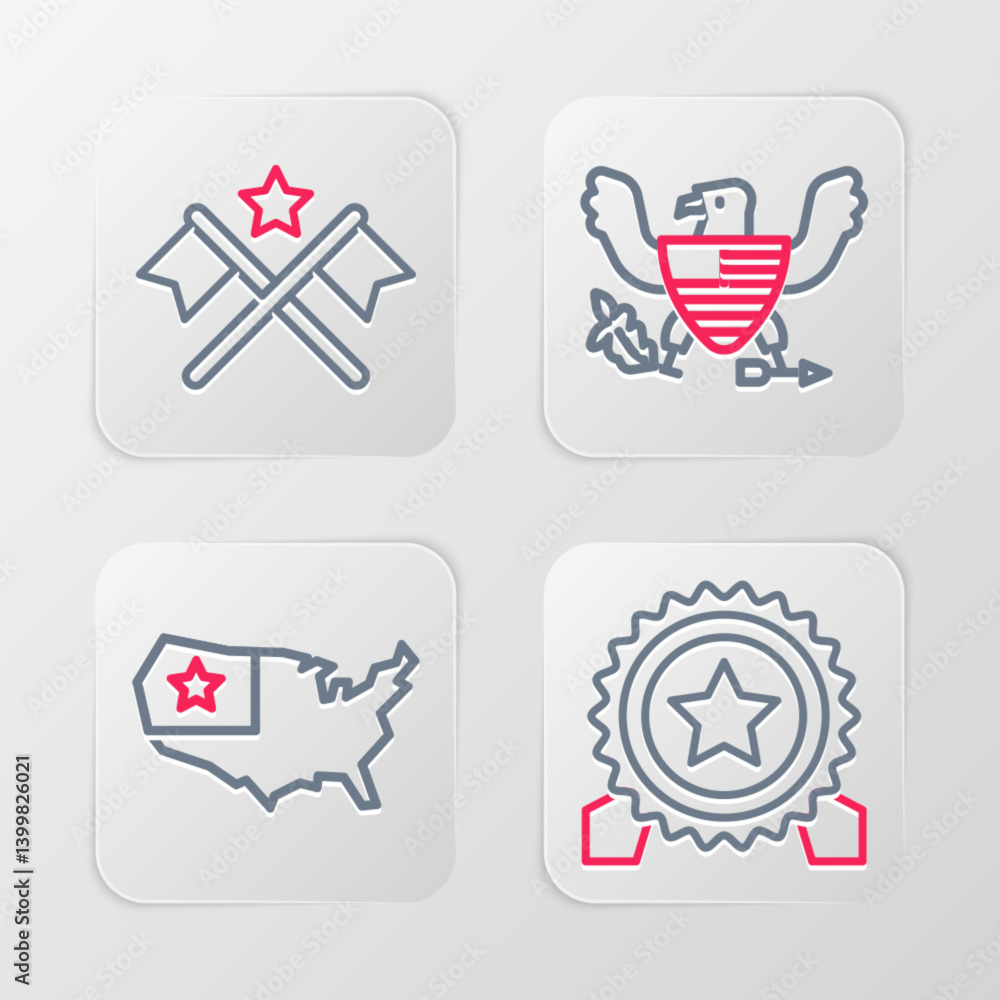 Set line Medal with star, USA map, Eagle and American flag icon. Vector Set line Medal with star, USA map, Eagle and American flag icon. Vector