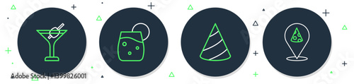 Set line Cocktail, Party hat, Martini glass and Slice of pizza icon. Vector
