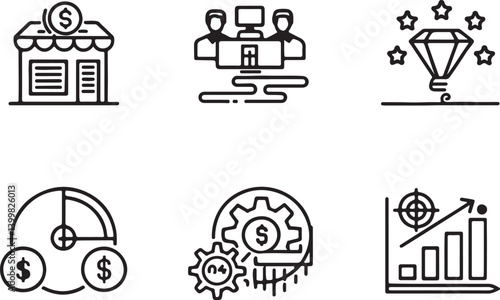 Set of 6 outline icons related to business model and plan. Linear icon collection. Editable stroke line art. Vector illustration.